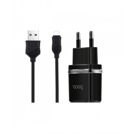 Универсальное зарядное устройство Hoco C12 (2.4A) с 2 USB портами и MicroUSB кабелем, цвет-черный