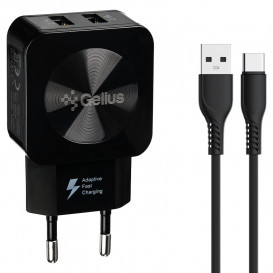 Сетевое зарядное устройство Gelius Prime GU-HC02 2USB 2.1A 12W + кабель Type-C черное
