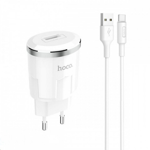Универсальное зарядное устройство Hoco C37A (2.4A) с 1 USB портом и MicroUSB кабелем, цвет-белый
