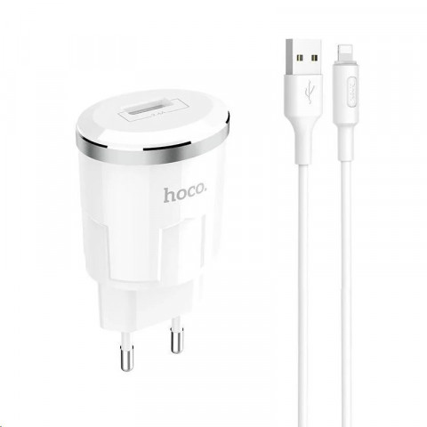 Универсальное зарядное устройство Hoco C37A (2.4A) с 1 USB портом и Lightning кабелем, цвет-белый