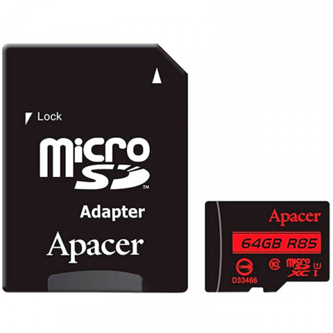 Карта памяти microSDXC 64Gb Apacer (UHS-1)(R85Mb/s) (Class 10) + Adapter SD